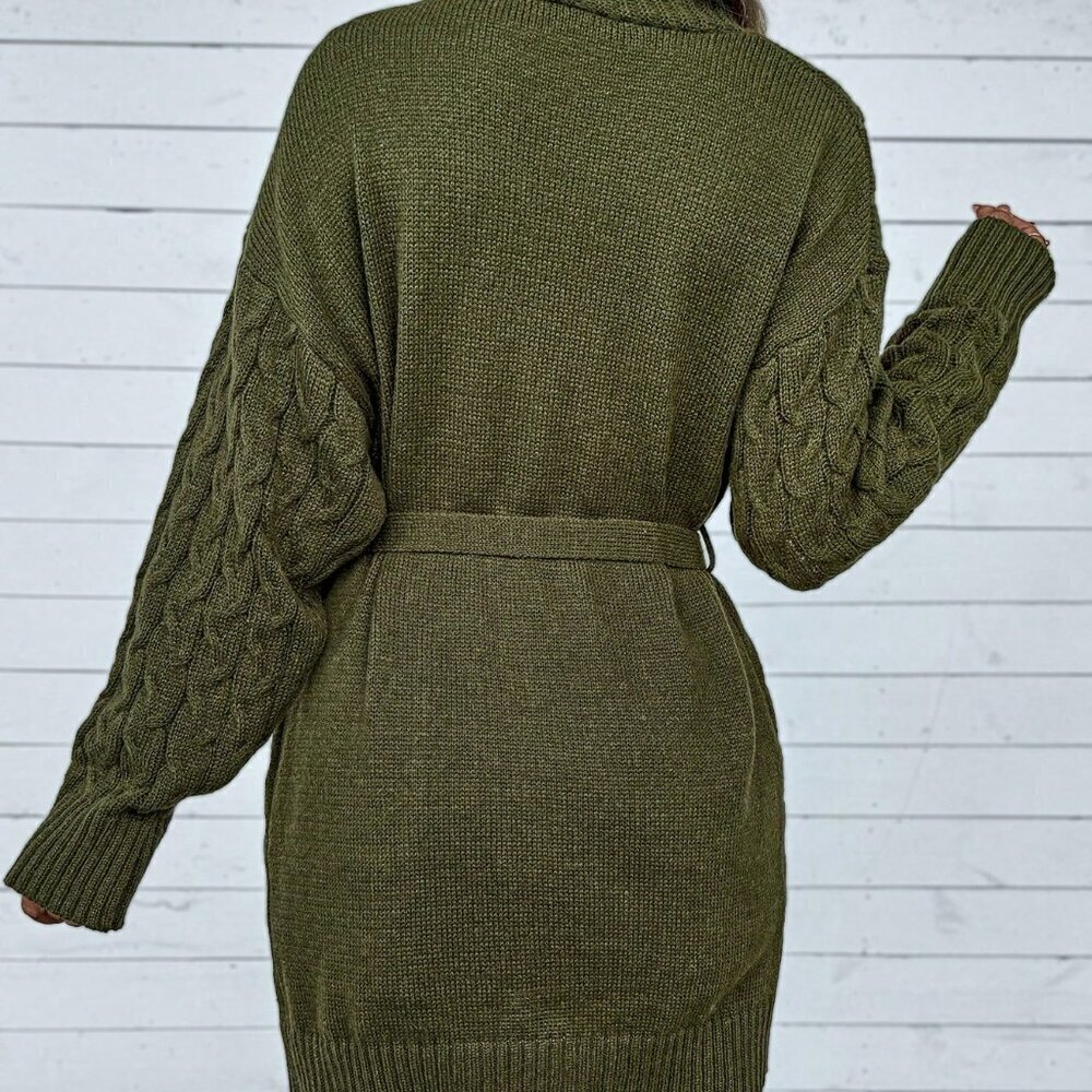 Army Green Casual Women's Solid Color Cable Knit V-Neck Cardigan - Picture 2 of 6